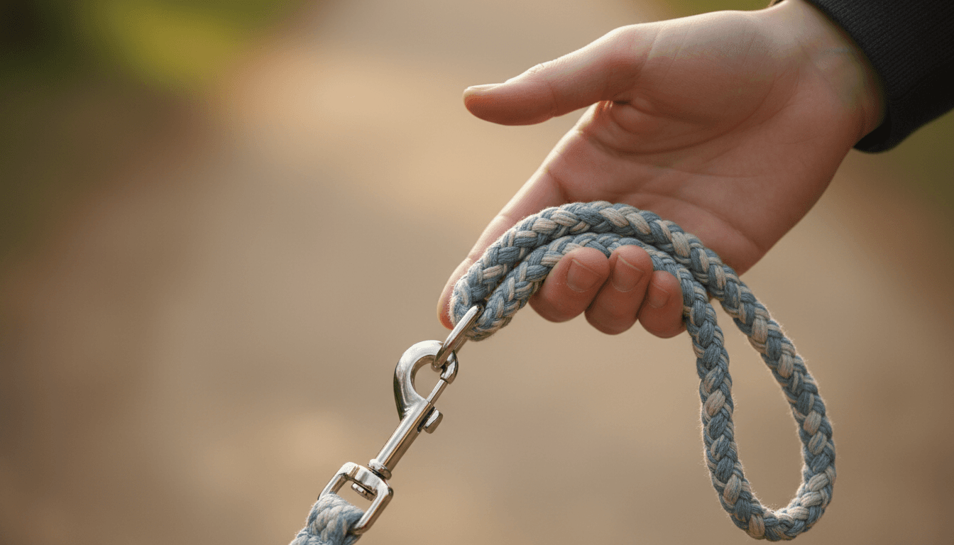 Human hand holding a dog leash, showing the bond between person and companion animal