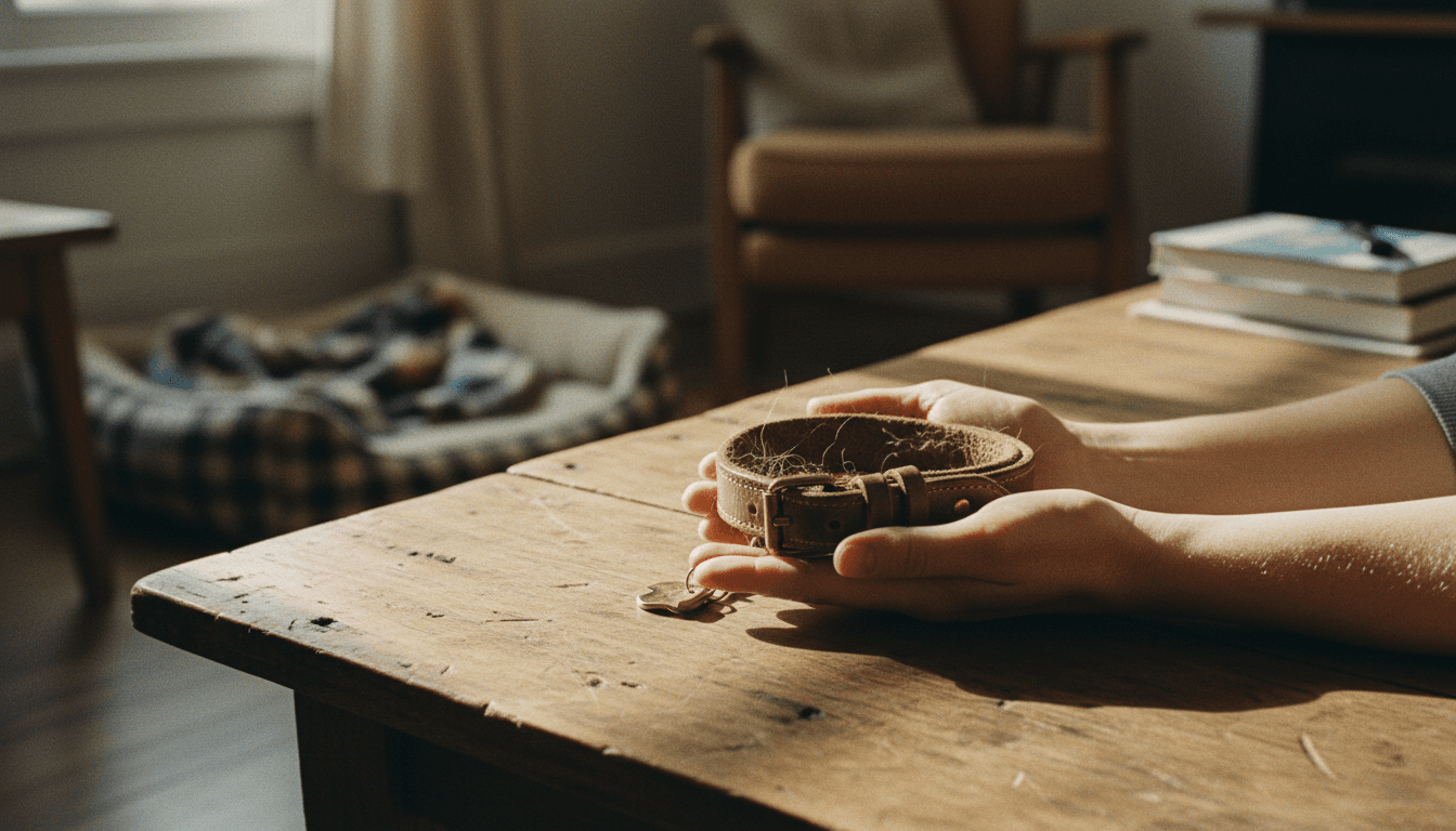 A person's hands resting on a worn leather dog leash and collar, with a softly blurred living room background, conveying warmth and care.