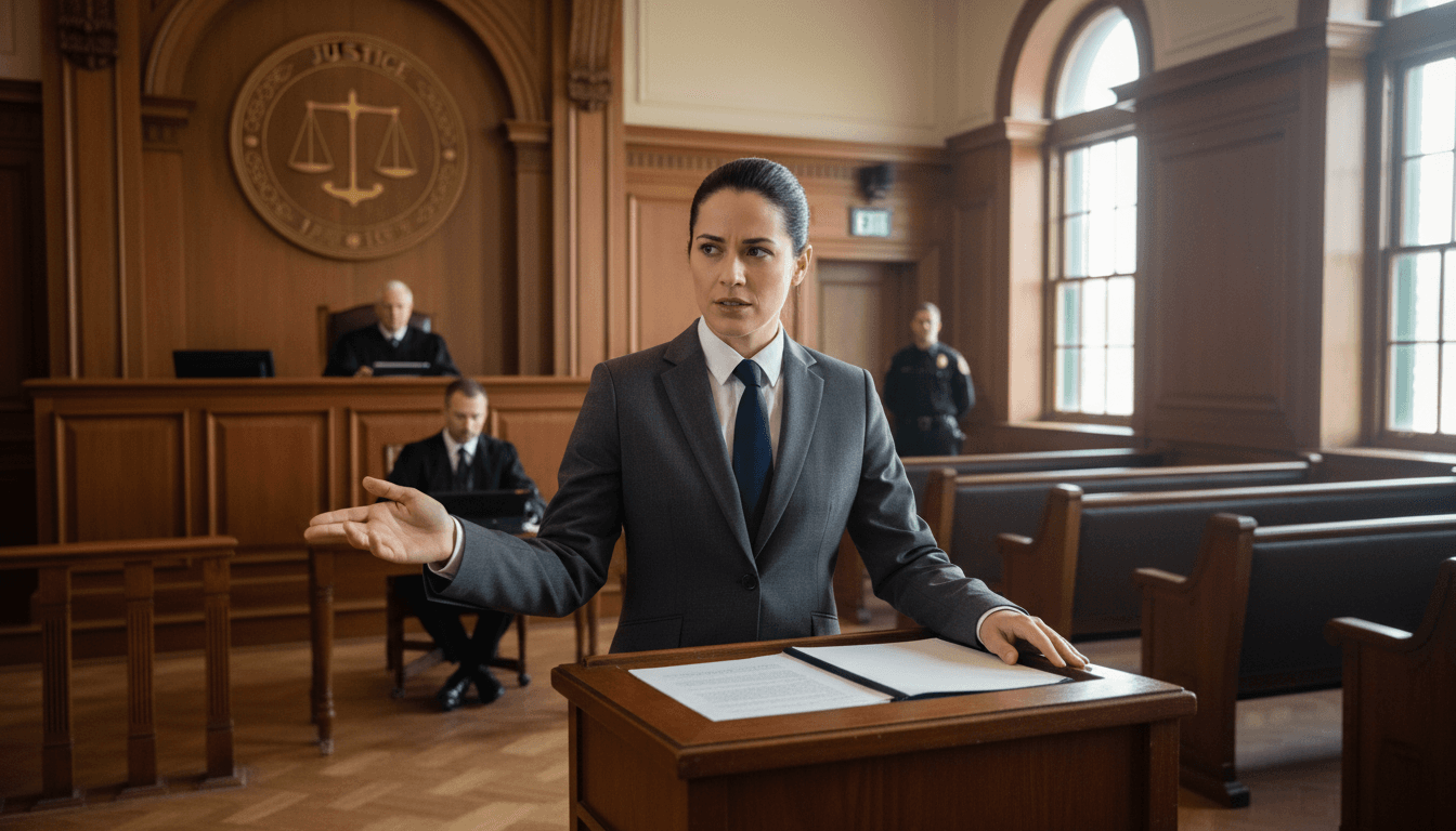 Professional lawyer presenting formal testimony in a courtroom