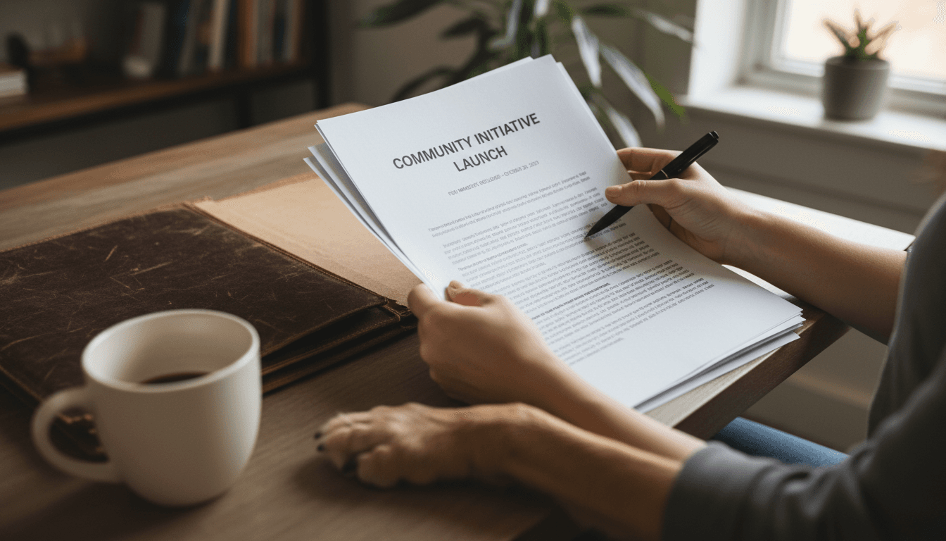 Hands holding press kit documents with a dog's paw on the table next to them