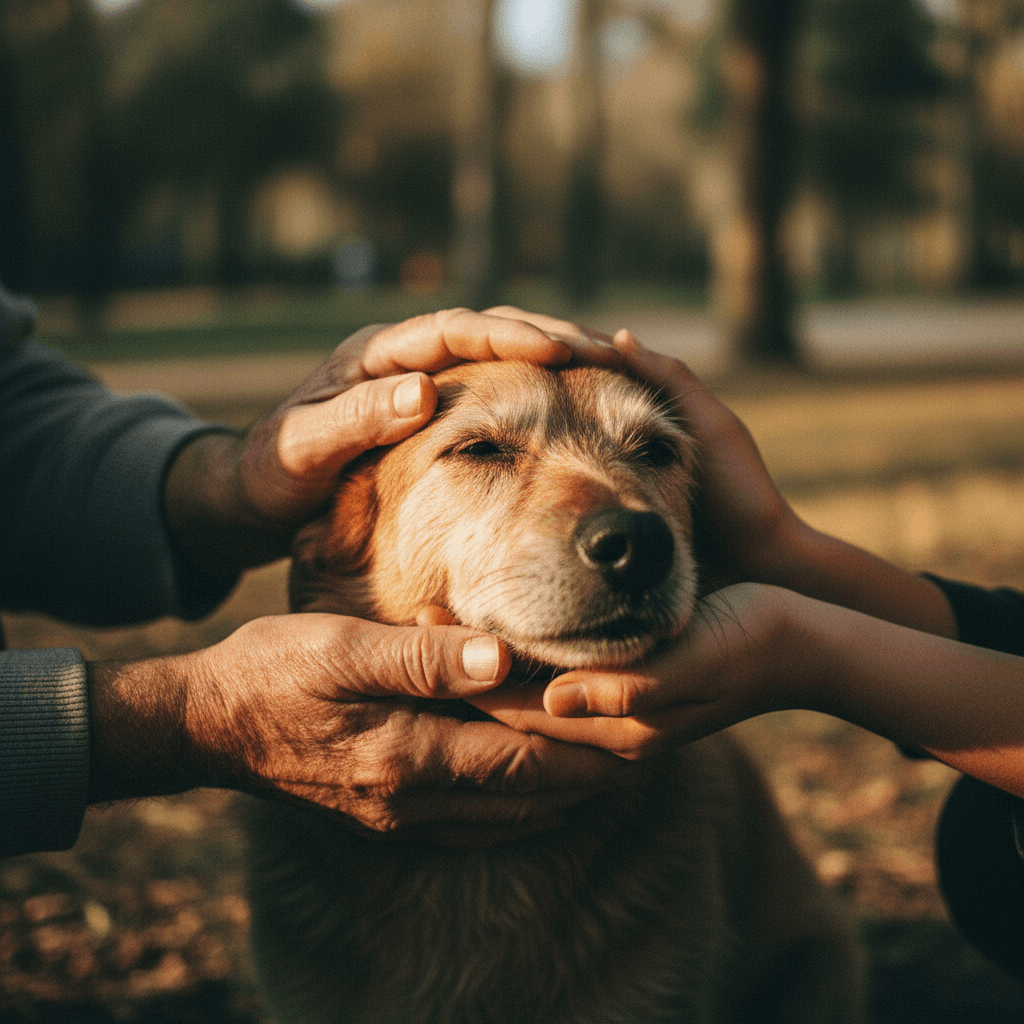 Person gently holding a small dog's face, showing the bond between caregiver and companion animal
