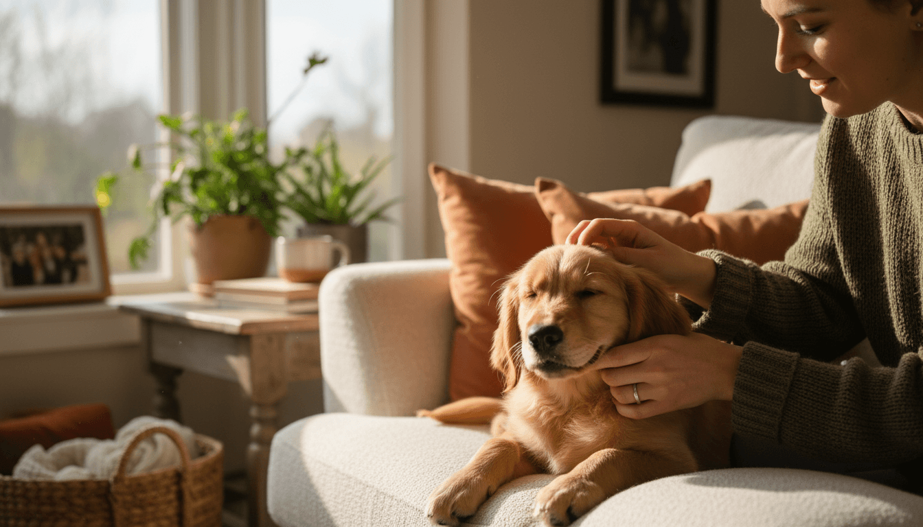 Person and dog sharing a peaceful moment together at home