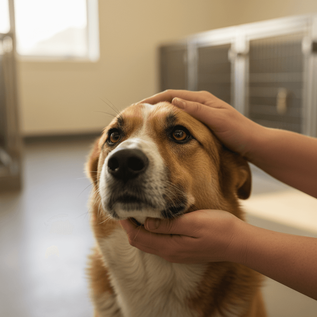 Person holding a rescue dog's face with care and compassion